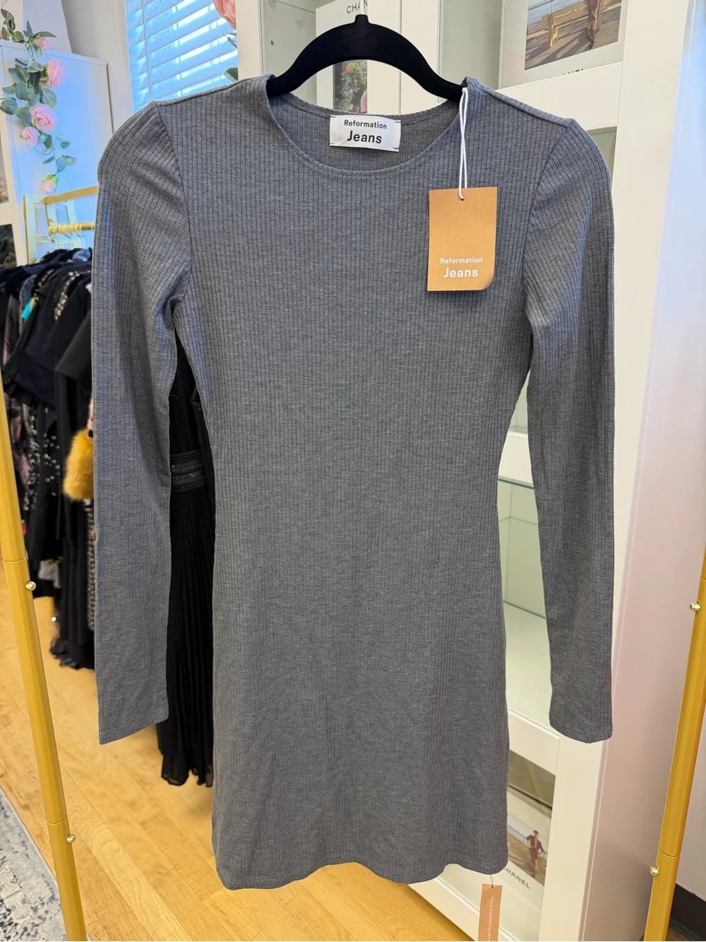 Reformation Kylie Long-Sleeve Ribbed Slate Grey Smoke Dress Sz XS NWT's - Picture 2 of 12